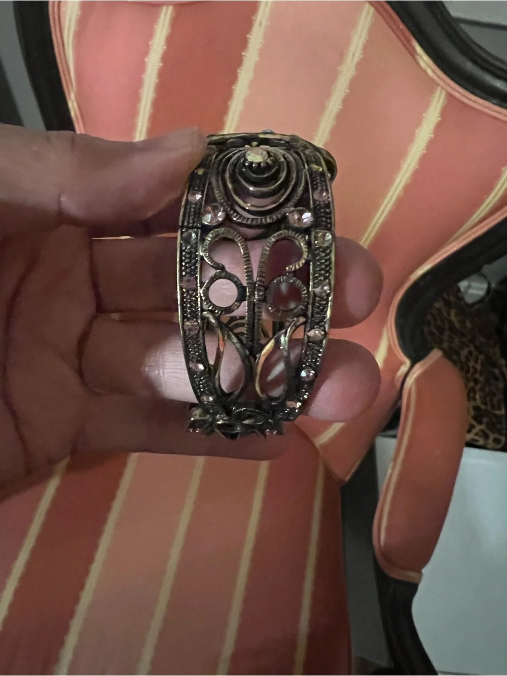 Vintage SDLZ Signed Cameo Clamper Cuff Bracelet Purple AB Rhinestone Victorian